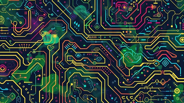 Futuristic Digital Pattern with Circuit Board Elements and Treasure Map Dotted Line for Website Background - Cartoon Style Illustration