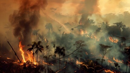 Raging Inferno Engulfs Tropical Jungle Landscape in Fiery Disaster