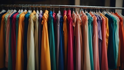 Colorful clorhes on racks in a fashion boutique.generative.ai