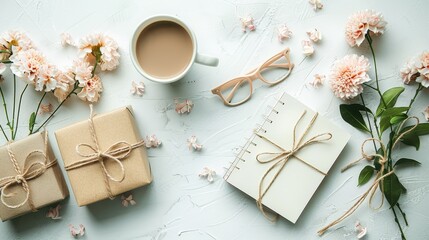 Happy Fathers Day :  Gift box, eyeglasses, a notebook, and a coffee cup on white background