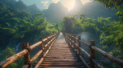 Long wooden bridge crossing the river in the rainforest - Powered by Adobe