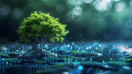 Fototapeta premium Enchanted Nightfall in a Magical Forest Landscape with Glowing Lights and Serene Water Reflections