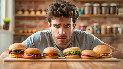 Man looking at a table with five hamburgers