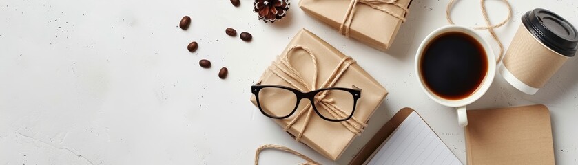Happy Fathers Day :  Gift box, eyeglasses, a notebook, and a coffee cup on white background - Powered by Adobe
