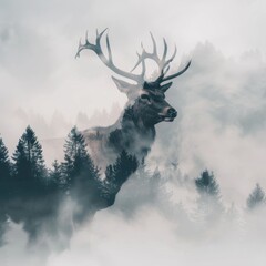 Enigmatic Mountain Mist: Double Exposure Deer Silhouette in Foggy Layers of Nature's Mystery