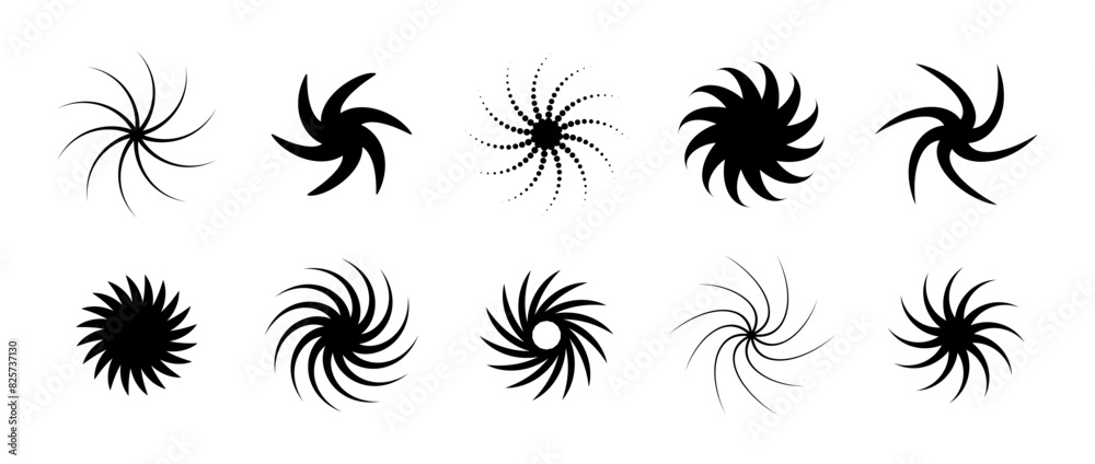 Aufkleber Various twist and swirl element set. Black dotted twirl and rotating symbol collection. Circular radial revolving spinning whirlwind object bundle for graphic design, poster, banner. Vector pack