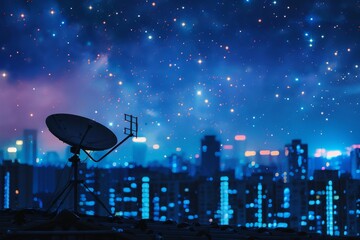 Urban Night Skyline Double Exposure with Starlit Sky and Satellite Dish Silhouette