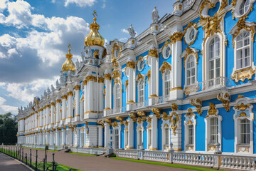 Catherine Palace in Russia with its ornate blue and white facade and golden domes