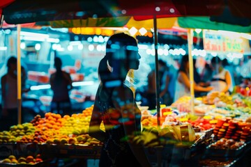 Obraz premium Vibrant Night Market: Double Exposure Silhouette of Busy Vendor Stalls with Colorful Atmosphere and Shoppers