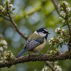 Close-up of a tit on a tree branch in the garden