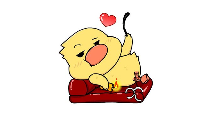 Animated Duck Resting on Red Sofa with Chained Handcuffs - White Background