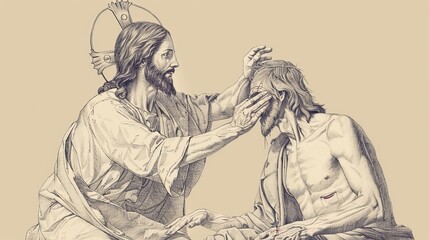 Miracles and Compassion: Jesus Healing a Blind Man, Biblical Illustration Highlighting Divine Healing