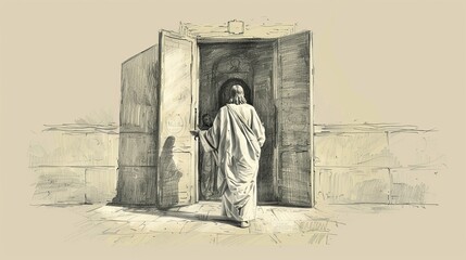 Invitation and Presence: Jesus at Church Entrance, Biblical Illustration Highlighting His Care