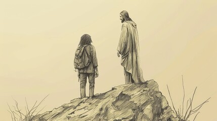 Guidance and Support: Jesus with Person Facing Decision, Biblical Illustration Highlighting His Care