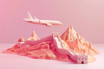 3d illustration of an airplane flying over great wall of china