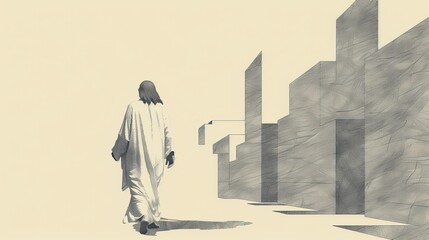 Eternal Presence: Jesus Walking in Modern City, Biblical Illustration Highlighting Love and Peace