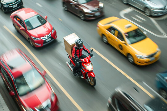 Motorcycle courier in city traffic with a delivery box on the motorcycle.