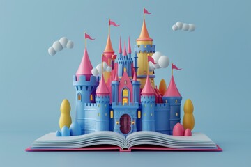 3d illustration of castle pop up on fairytale book
