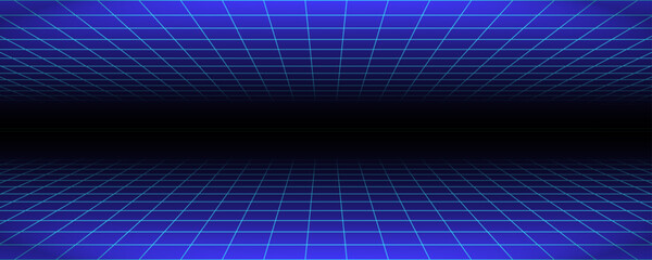 Glowing neon wireframe background. Blue shining checkered grid planes in perspective. Bright retro futuristic horizon wallpaper. Arcade game sci fi matrix surface. Vector backdrop for poster, banner © vika_k