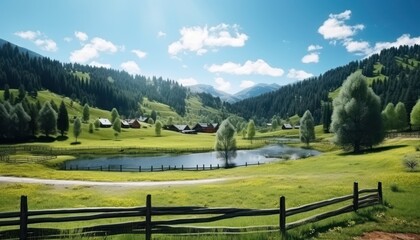 Fototapeta premium A stunning spring day landscaping views of fertile land surrounded beautiful green vegetation, wide stretches of hills and mountains with clear skies in spring