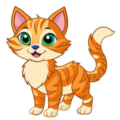 A cheerful and cute orange cat with green eyes, big ears, and a happy expression, standing confidently on its four legs, exuding charm and playfulness.