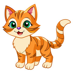 A cheerful and cute orange cat with green eyes, big ears, and a happy expression, standing confidently on its four legs, exuding charm and playfulness.
