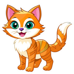 A cheerful and cute orange cat with green eyes, big ears, and a happy expression, standing confidently on its four legs, exuding charm and playfulness.