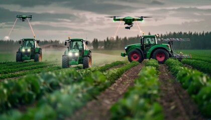 Futuristic Precision Farming: Agricultural Field with Automated Tractors and Drones Connected via 5G