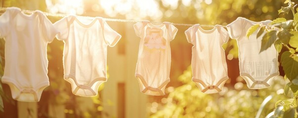 Baby clothes hanging on a line in sunlight.