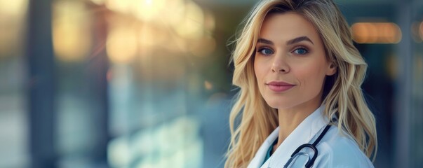 Fototapeta premium A confident female healthcare professional stands in a clinic corridor, portraying trust and expertise.
