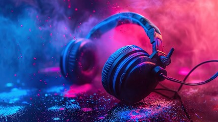 Music Festival Concept - Headphone and Colorful Powder Vivid Color
