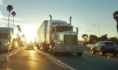 Fototapeta premium Large white truck driving down the highway with other cars during a vibrant sunset.