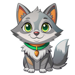 A joyful grey cat with big green eyes and orange highlights, sitting contentedly with a cheerful smile, embodying cuteness and friendliness.