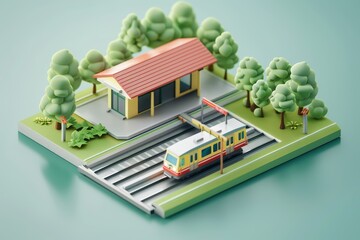 3d illustration of a train station surrounded by trees