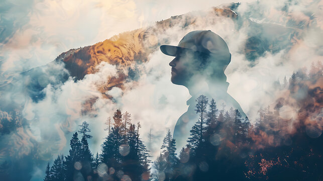 Double Exposure of Man and Cloudy Mountains forest Travel Lifestyle conceptual background. Generative AI illustration 