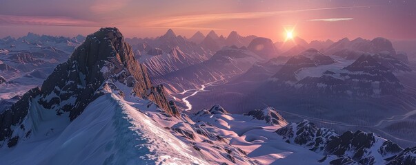 A stunning panoramic view of a majestic sunrise cresting over the snowy peaks of a rugged mountain range, reflecting vibrant hues. - Powered by Adobe