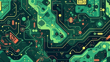 Techno Treasure Map - Cartoon Digital Pattern with Circuit Board Elements for Website Background Design