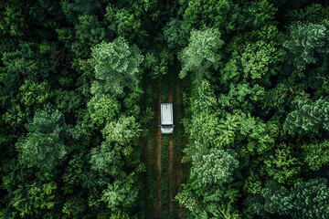 Aerial view from above, Camper life outdoors in nature.