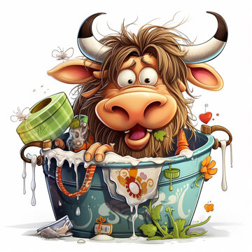 Amusing cartoon cow with expressive eyes and quirky details, sitting in a bucket filled with random objects, creating a humorous and whimsical scene.