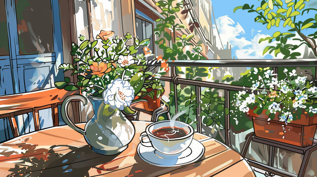 lofi cozy day outdoor balcony, coffee time , 2d illustration