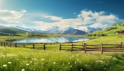 Fototapeta premium A stunning spring day landscaping views of fertile land surrounded beautiful green vegetation, wide stretches of hills and mountains with clear skies in spring