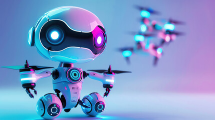 A 3D cute robot doing drone racing, with space for text