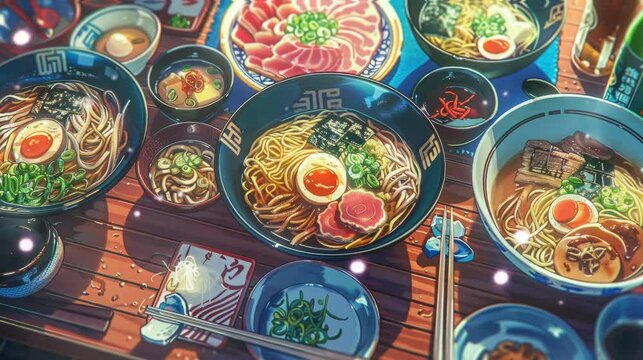 Very delicious ramen with meat and egg toppings. Virtual 4K video animation background with looping time lapse with very smooth graphics.