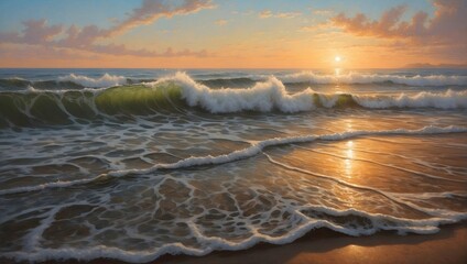 As dawn breaks, the rhythmic dance of sea waves whispers secrets to the sandy shore, painting fleeting patterns in the morning light ai_generated