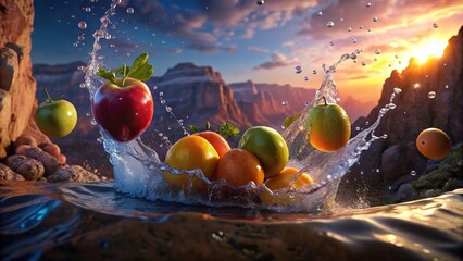 Close up of fresh fruit splashing in water with a canyon background