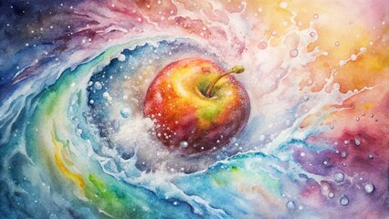 Close up of a fresh fruit being splashed with water on a colorful galaxy swirl background, in a watercolor style
