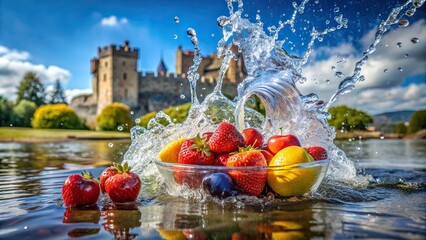 Close up of fresh fruit splashing in water with a medieval castle background