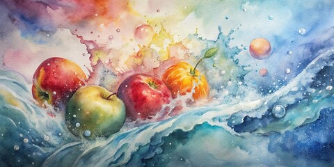 Fresh fruit splashing in water with a space nebula background