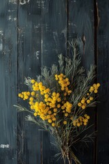 A vibrant yellow mimosa blooms against a rustic wooden backdrop