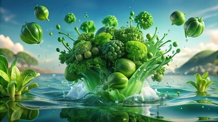 Fresh green vegetable splashing in clear water with a tropical background